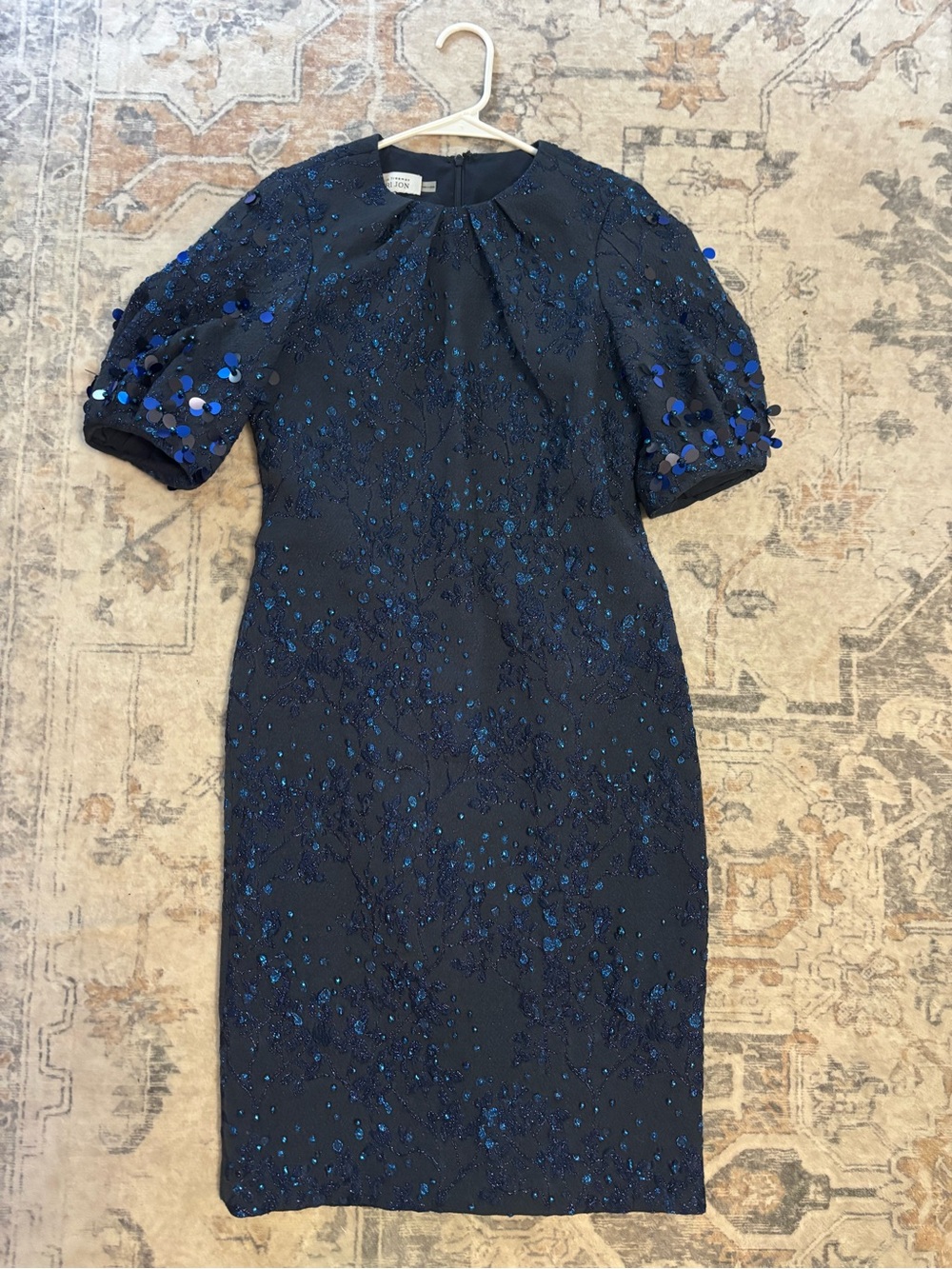 Teri Jon Navy Blue Sequin Embellished Midi Dress formal, wedding , shower , part